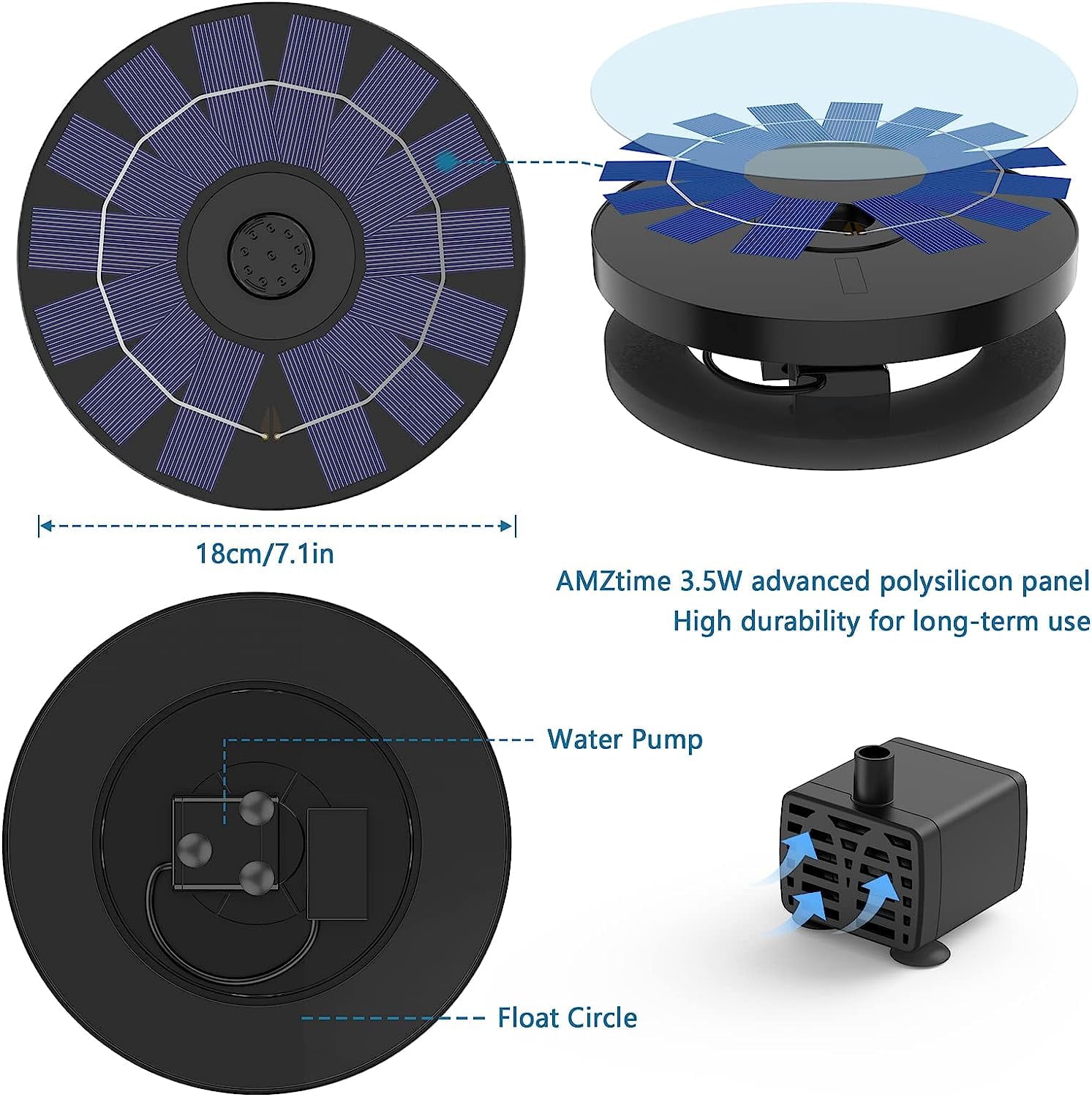 AISITIN Solar Fountain Pump， 3.5W Solar Bird Bath Fountain 7.1 inch， Solar Water Pump with 6 Nozzles for Bird Bath， Fish Tank， Patio， Pond