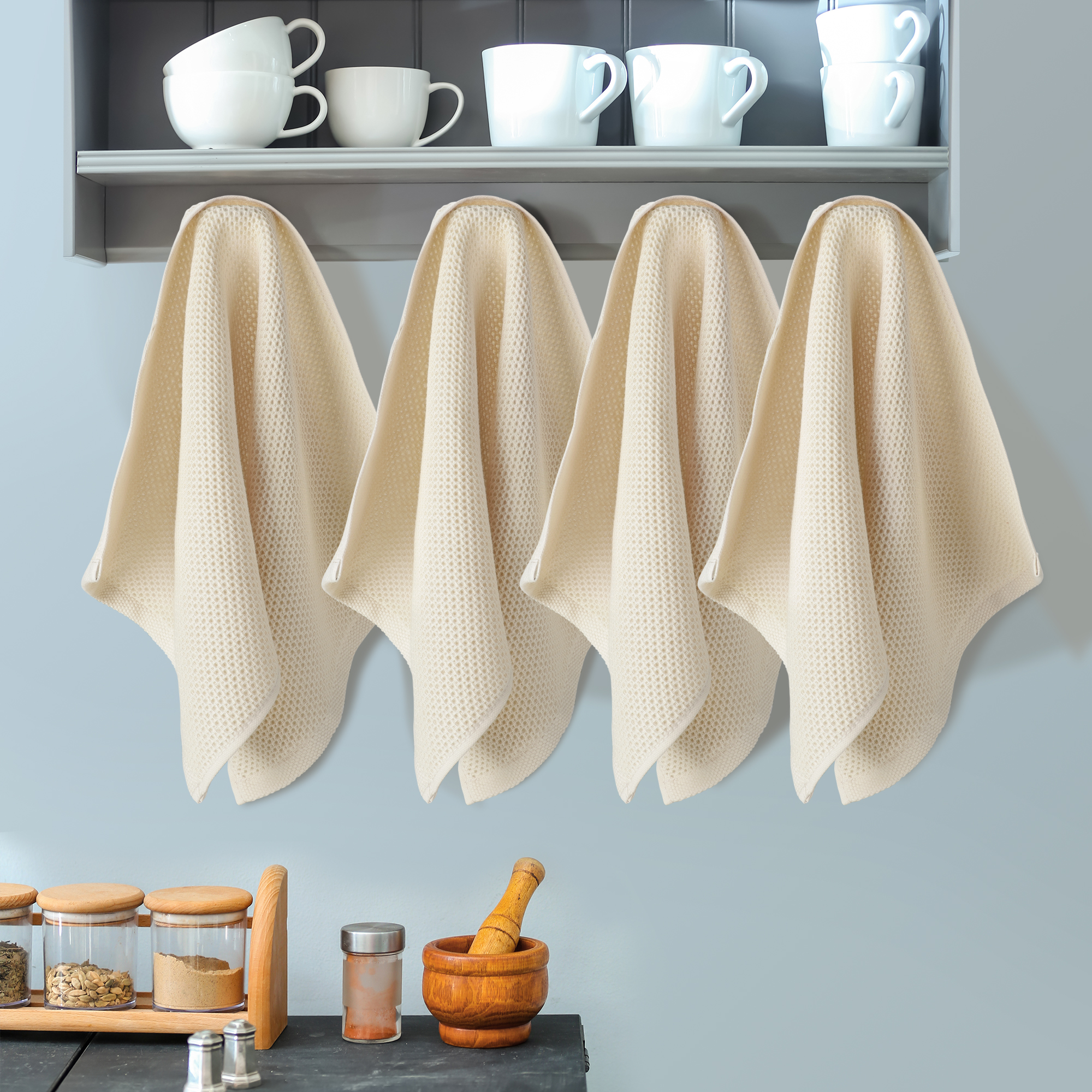 Piccocasa 100% Cotton Waffle Weave Kitchen Tea Towel 4PCS Set 13 x 27 Beige