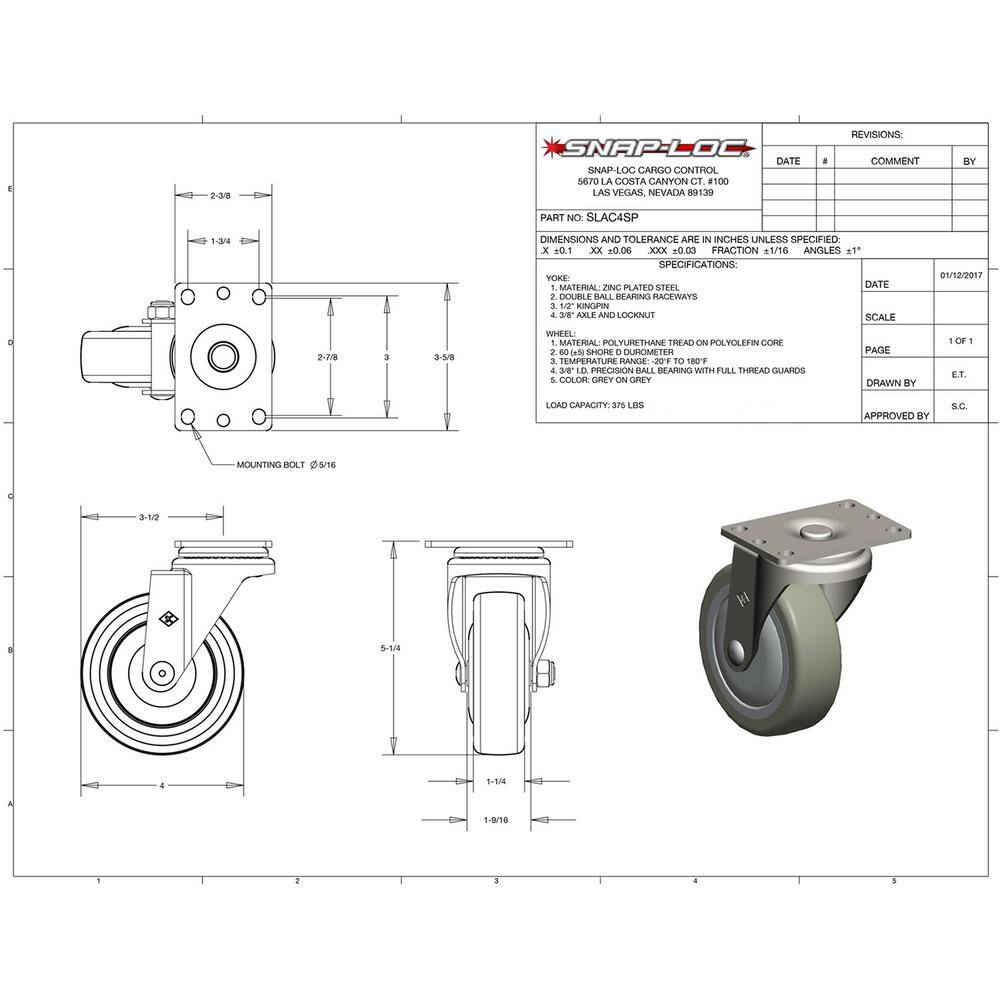 SNAP-LOC 4 in. Polyurethane Swivel Plate Caster with 375 lbs. Load Rating SLAC4SP