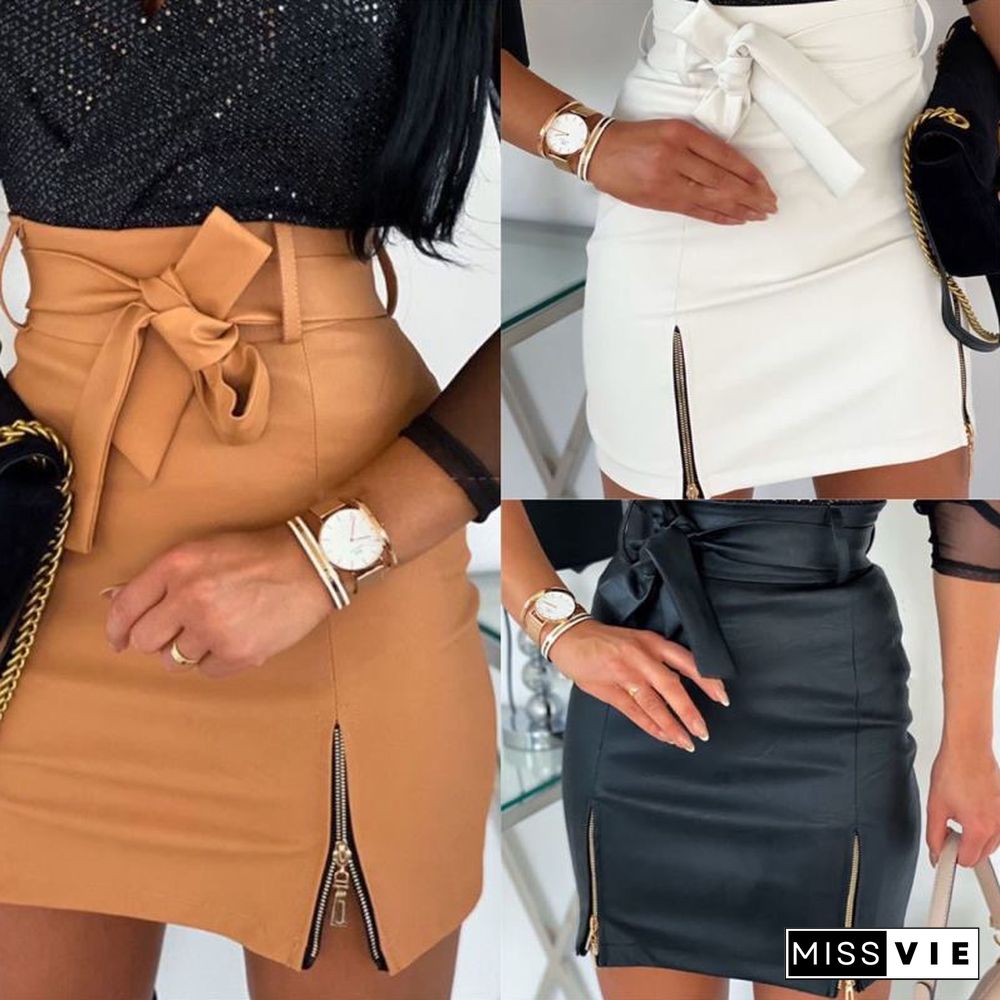 Fashion Sexy High Waist PU Leather Women Elegant Skirts Sashes Zipper Pencil Mini Length Spring Autumn Winter White Black Khaki