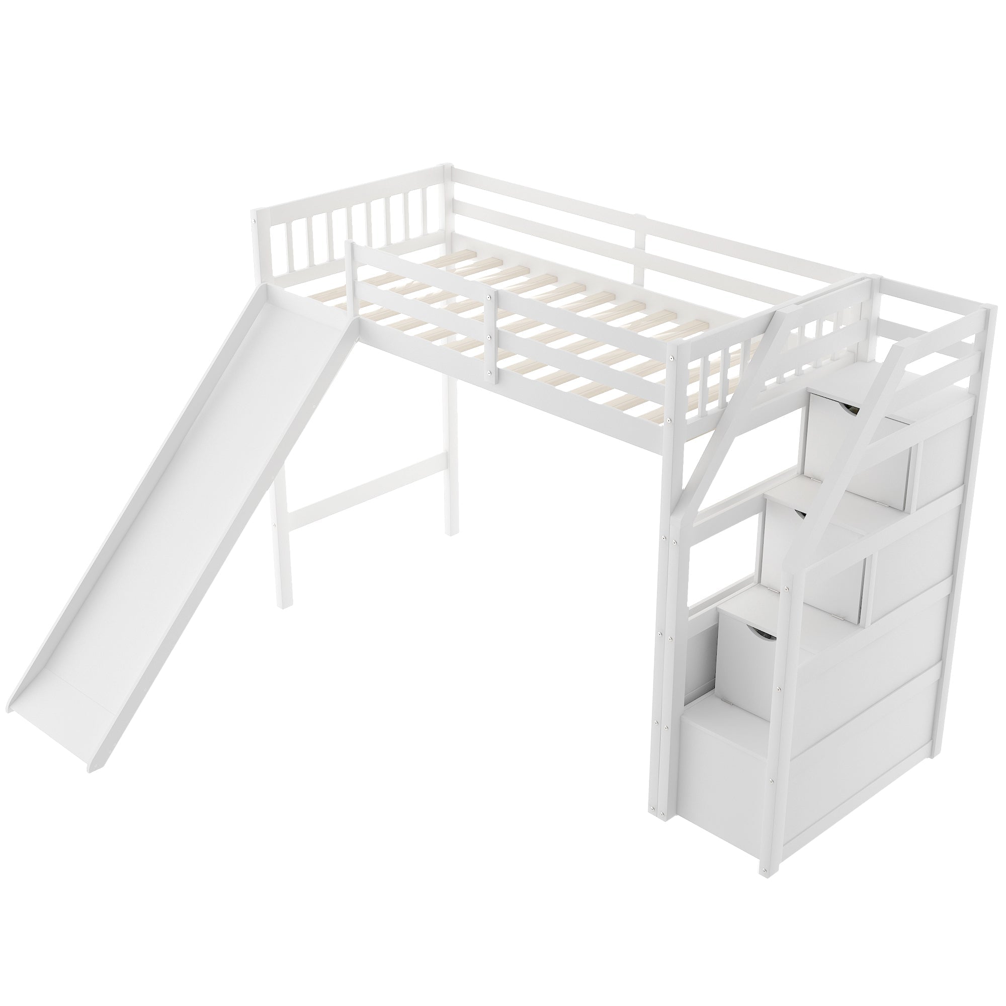 Euroco Wood Twin Size Loft Bed with Slide and Drawers for Child, White