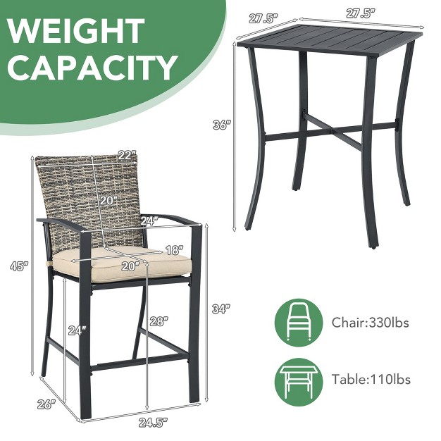 3pcs Patio Rattan Bar Furniture Set Slat Table 2 Cushioned Stools Poolside Gray