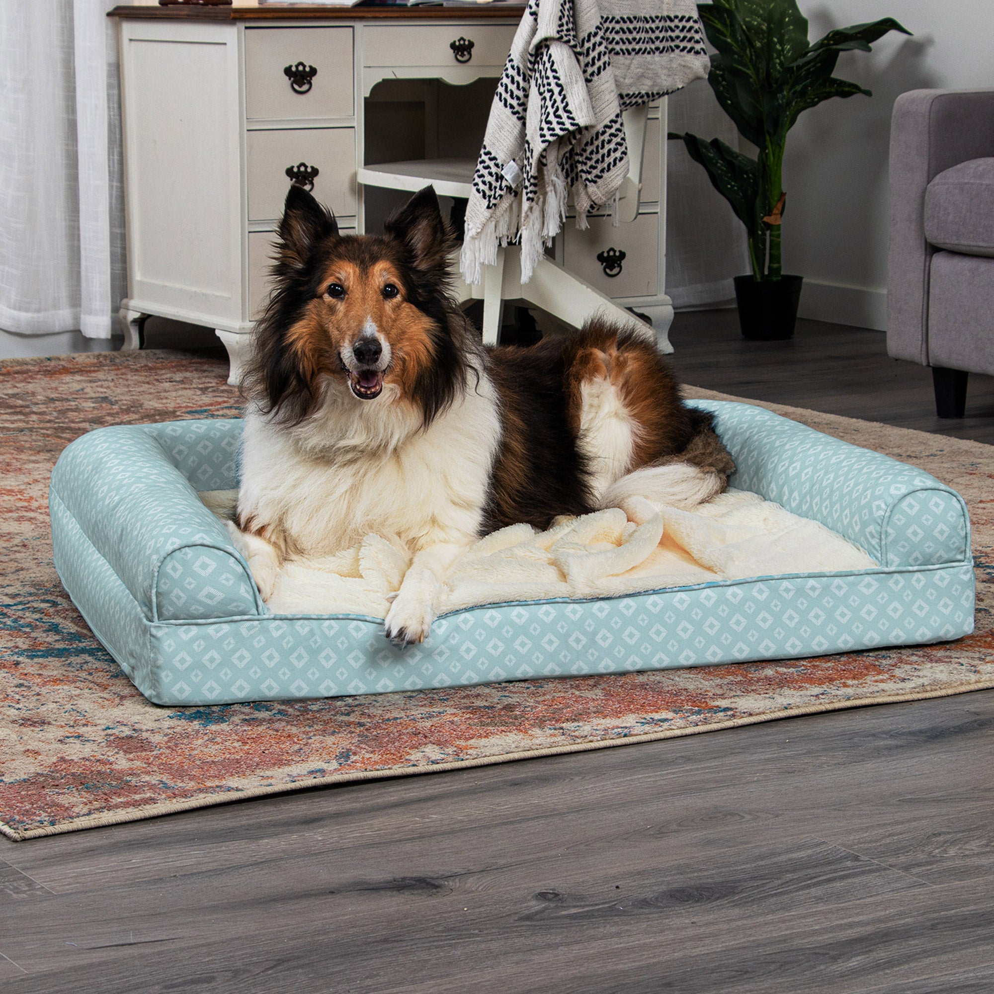 FurHaven Pet Products | Plush Fur and Diamond Print Nest-Top Full Support Sofa Bed - Aqua， Jumbo