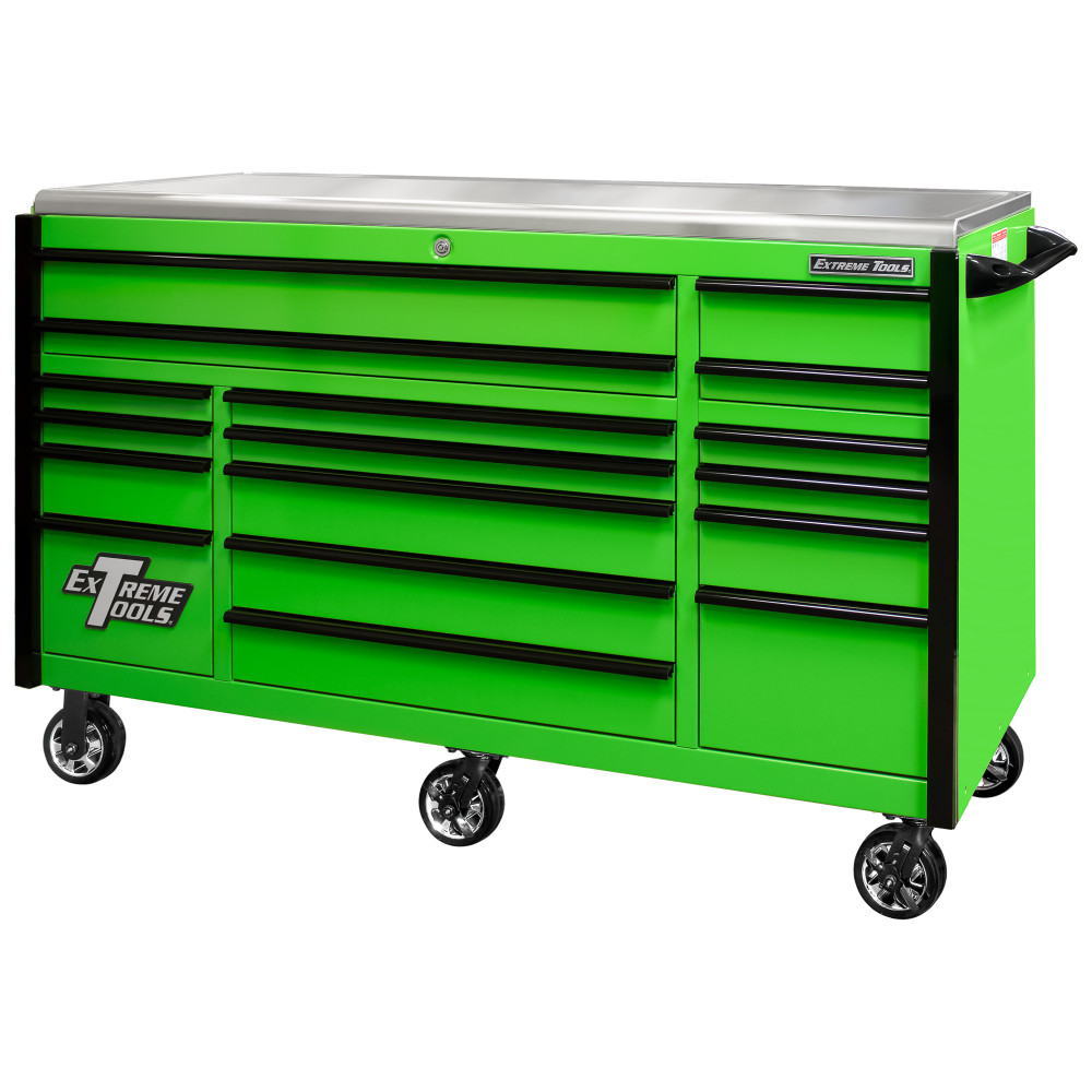 Extreme Tools 72 Green Roller Cabinet with Black Drawer Pulls