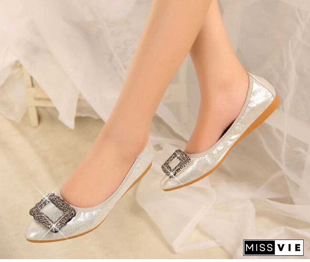 Crystal Ballet Flat Shoes Rhinestone Women Butterfly Pointed Toe Golden Shoes Flats