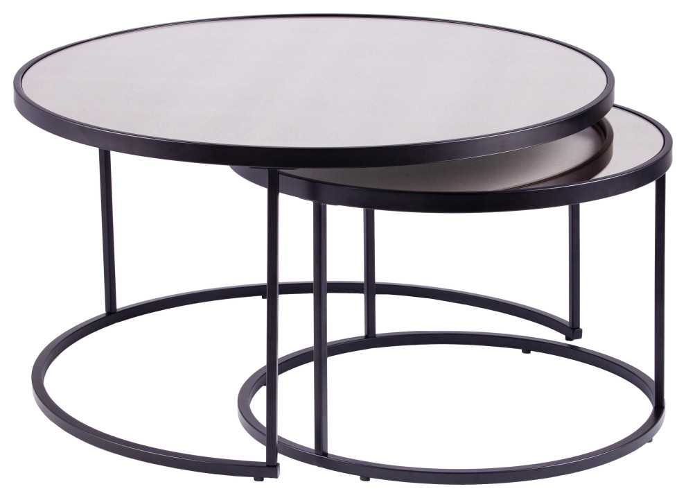 Donabbey Round Nestng Cocktail Tables 2pc Set  Antique Mirror and Black   Transitional   Coffee Table Sets   by SEI  Houzz