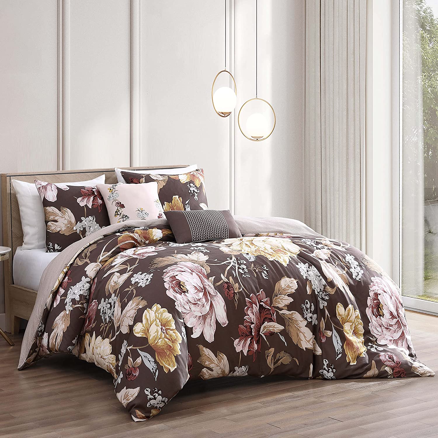 GEROBOOM Floral Garden 100% Cotton 5 Piece Comforter Set  Brown Floral Pattern Print Reversible All Seasons Soft Comforter Bedding Set  2 Shams  2 Pillows (King/Cal King)