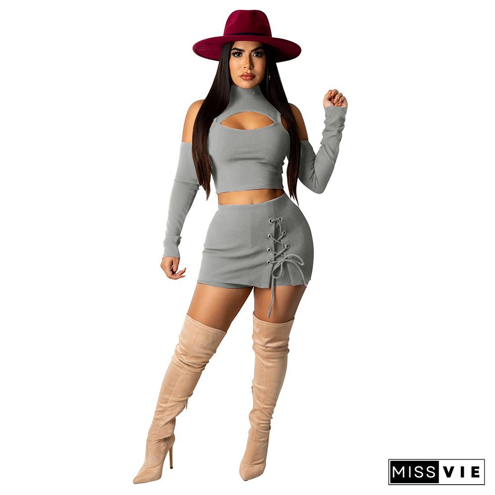 Hollow Out Long Sleeve Crop Top Bandage Skirt Set