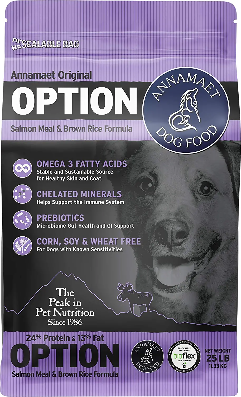 Annamaet Original Option Formula Dry Dog Food 24% Protein (Salmon and Brown Rice) 25-lb Bag