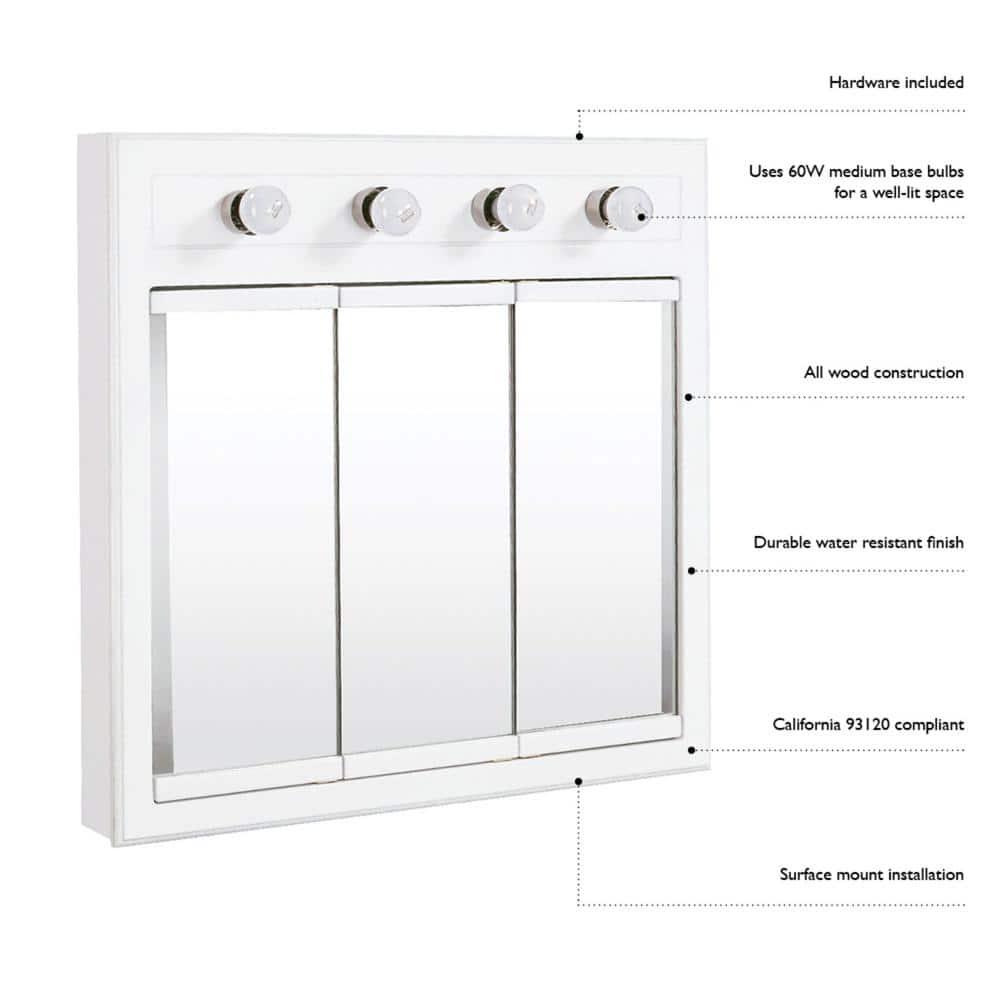 Design House Concord 36 in W x 30 in H x 5 in D Framed 5Light TriView SurfaceMount Bathroom Medicine Cabinet in White Gloss