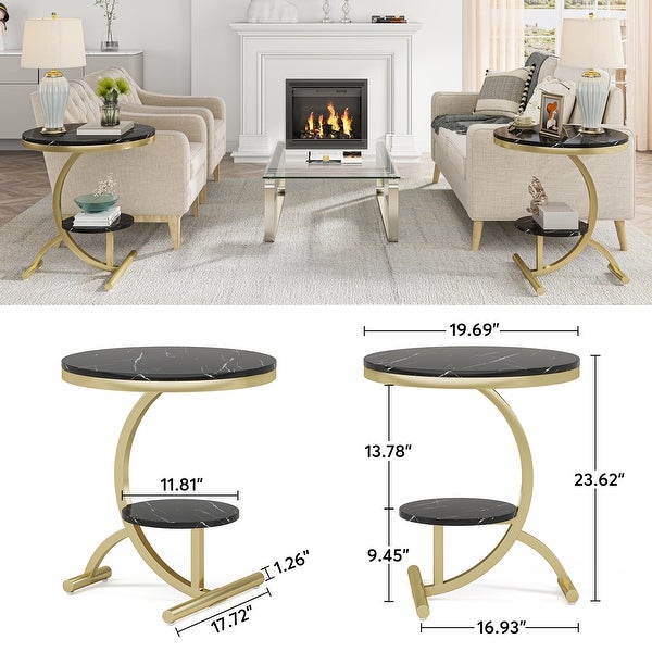 2-Tier Round Sofa Side Table， Faux Marble End Table， 20'' Beside Table with Storage Shelf，C-Shaped Base Metal Legs