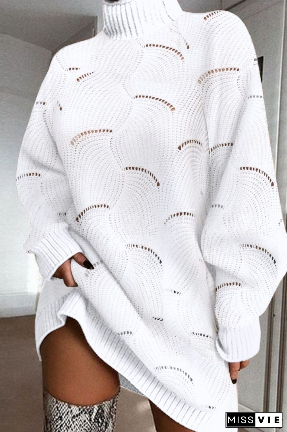 White Casual Solid Hollowed Out Turtleneck Long Sleeve Dresses