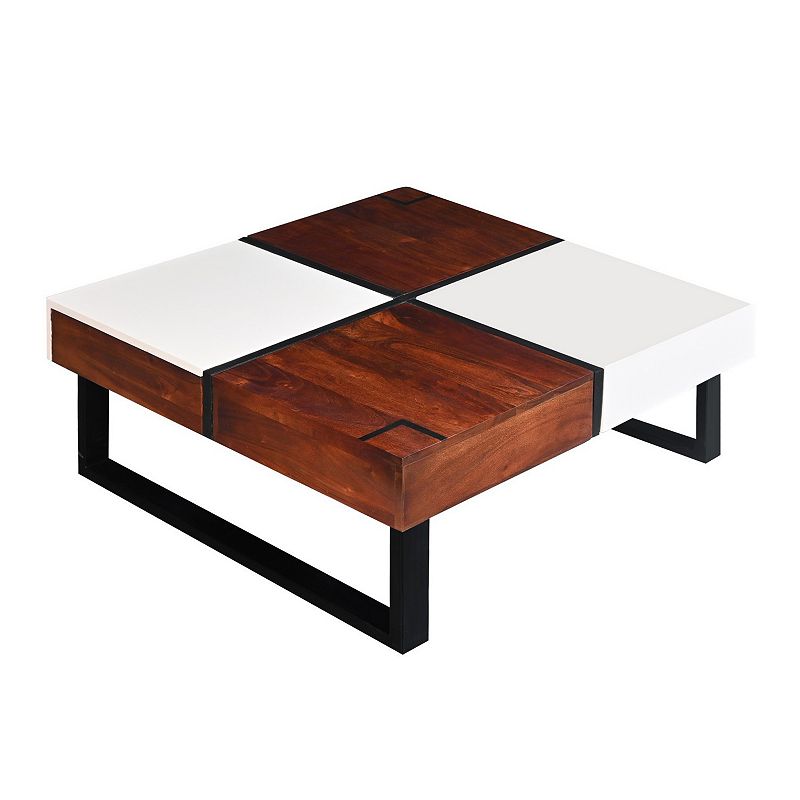 Byron 35 Inch Acacia Wood Square Coffee Table， 2 Slide Out Storage， White， Mahogany Brown