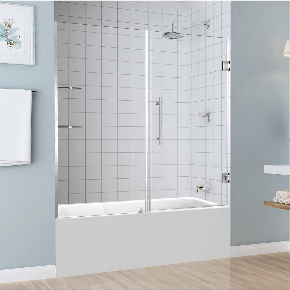 Aston BelmoreGS 59.25 in. to 60.25 in. x 60 in. Frameless Hinged Tub Door with Glass Shelves in Stainless Steel TDR960EZ-SS-60-10