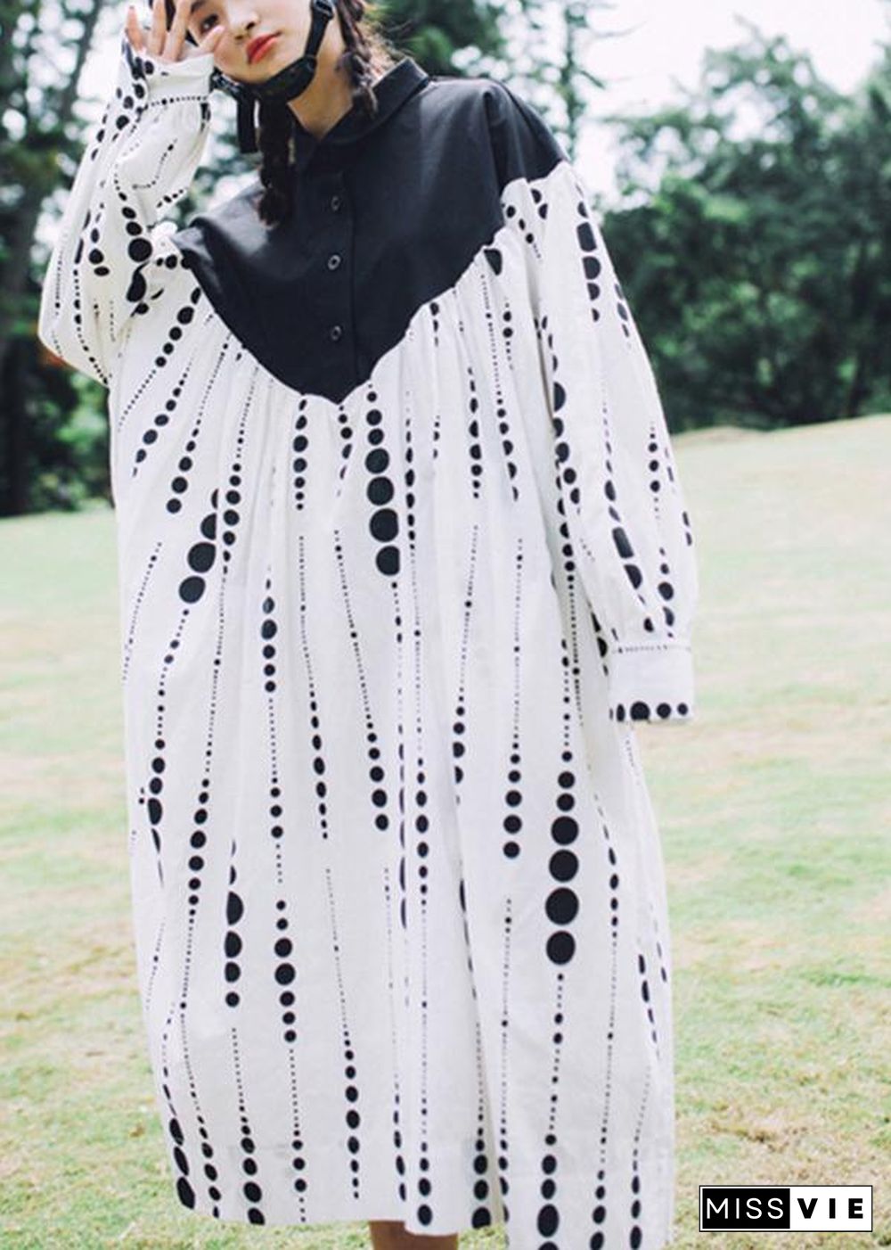 Black White Dot Circle Peter Pan Collar Cotton Long sleeve Dress