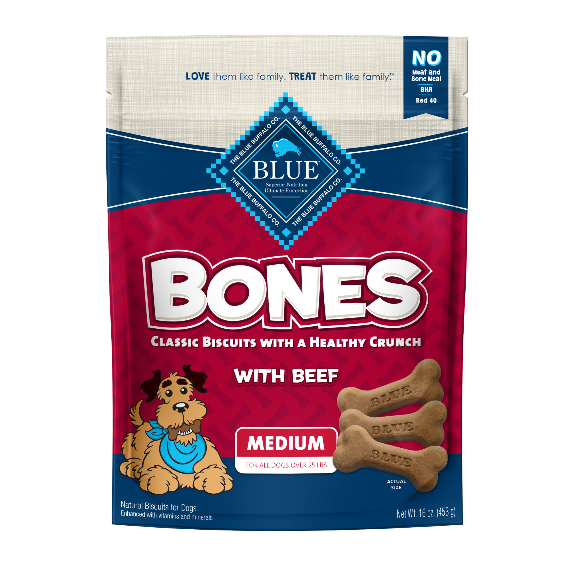 Blue Buffalo Bones Natural Crunchy Beef Flavor Medium Dog Biscuits， 16 oz.