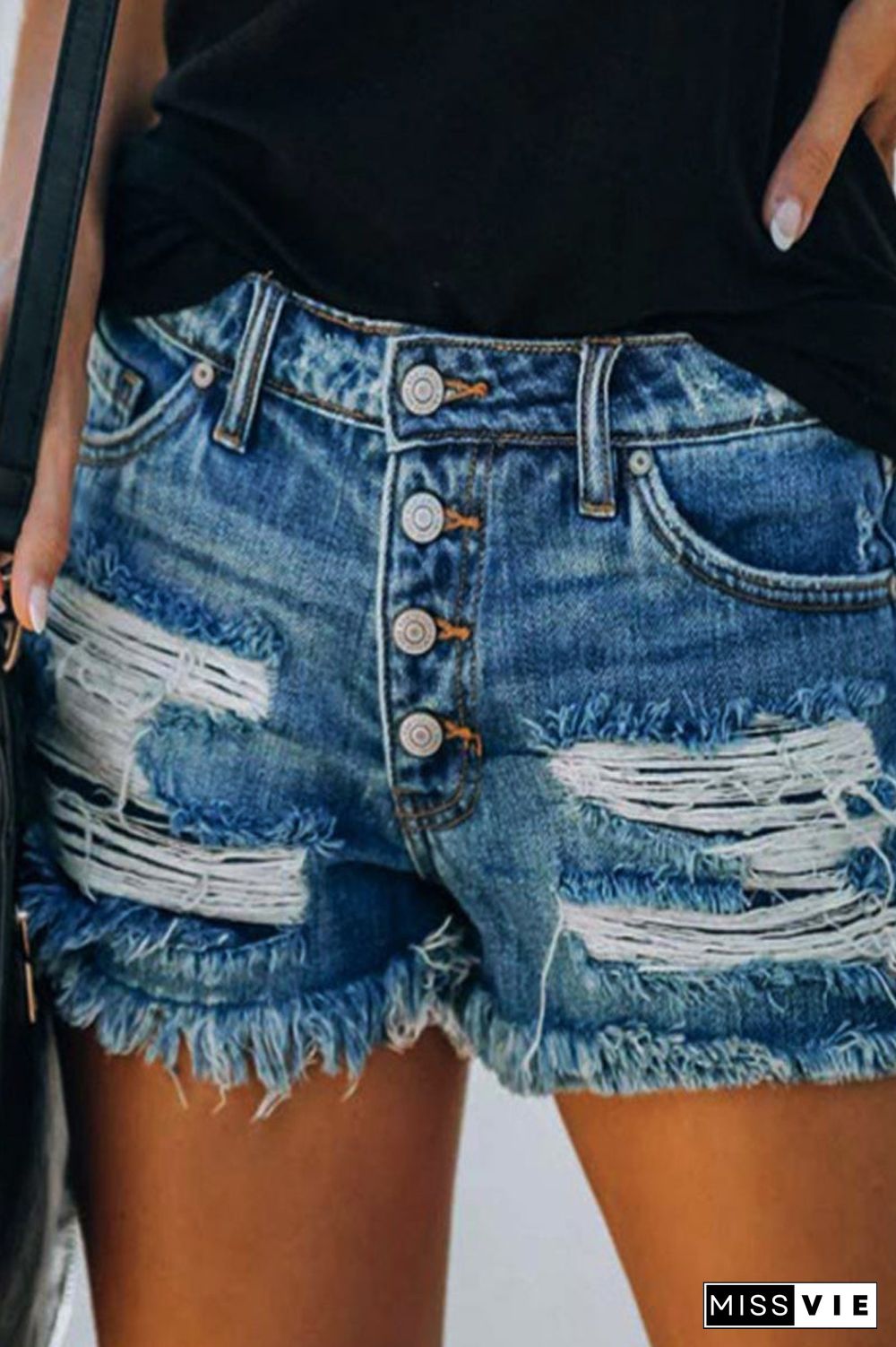 Denim Printed Hole Distressed Button Shorts