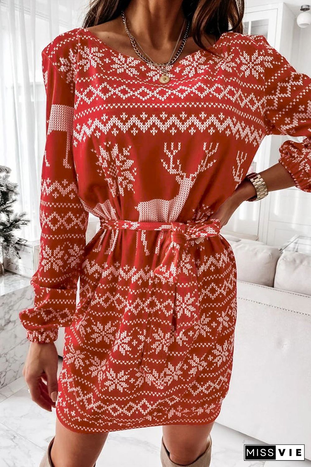 Christmas Pattern Print Lace-up Long Sleeve Mini Dress