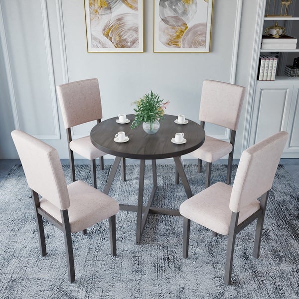 Wood 5-Piece Kitchen Dining Table Set，Gray Table + Beige Chair