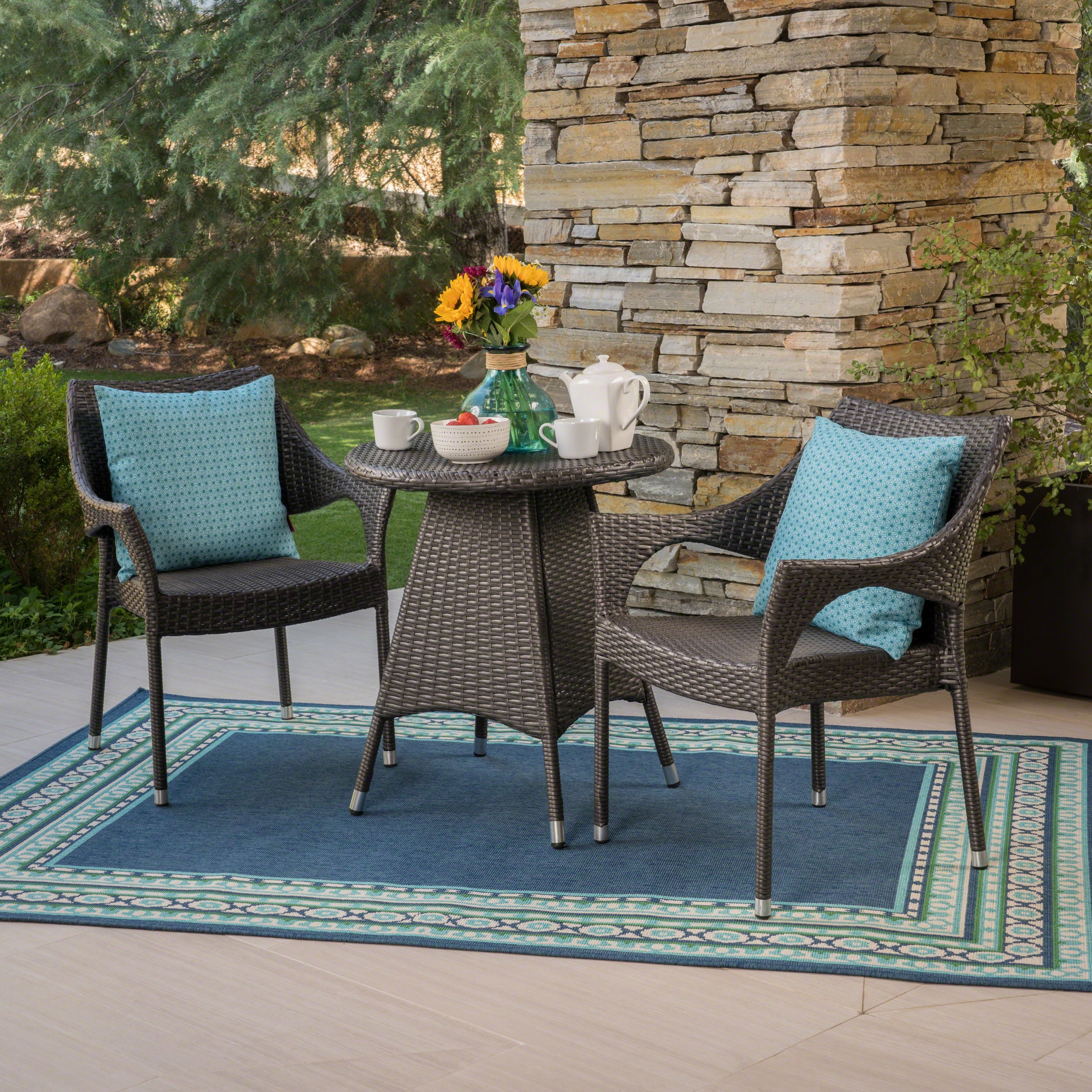 Edna Outdoor 3 Piece Wicker Bistro Set, Grey