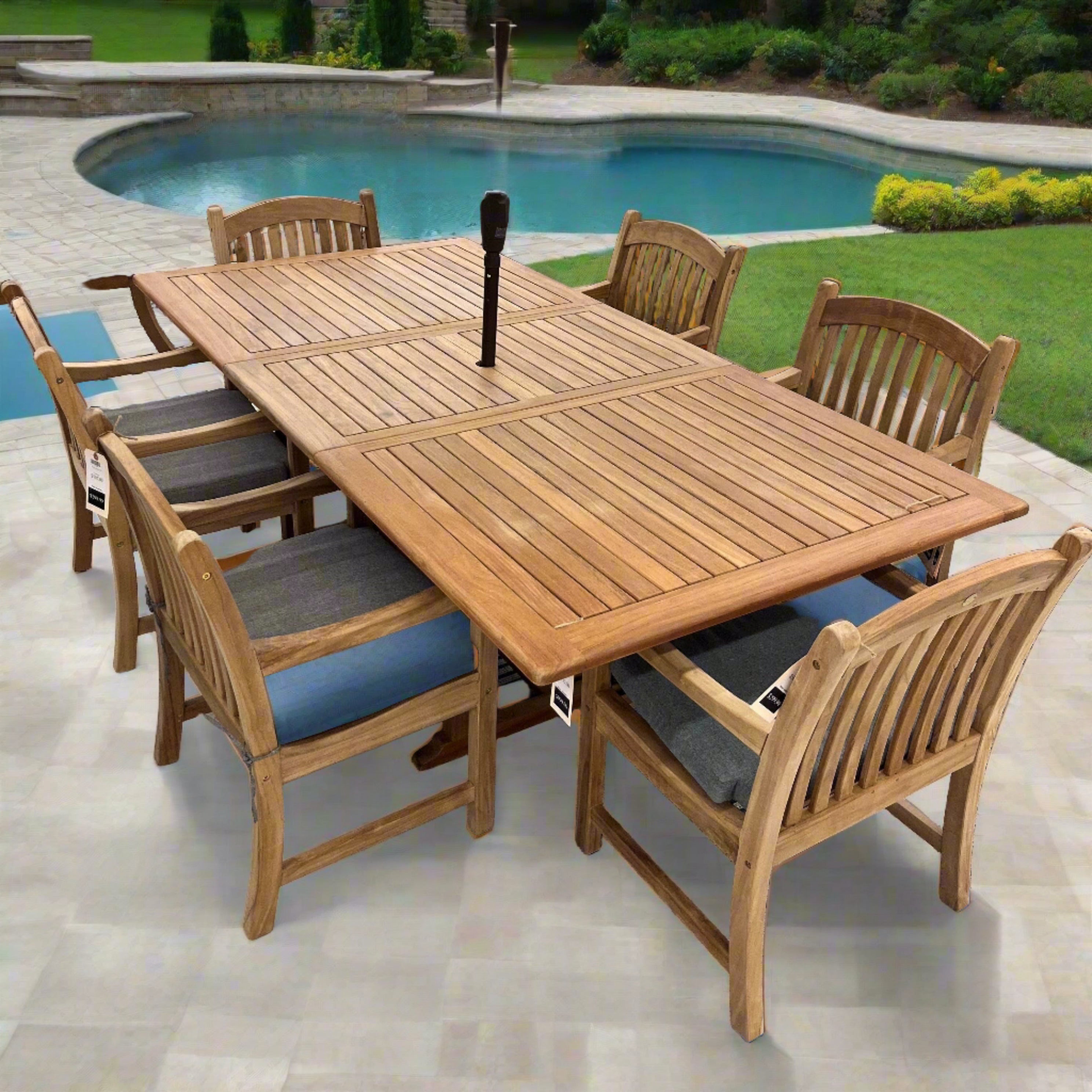 Bali Teak 7pc Outdoor Dining Set (Teak Rectangular Extendable Table 70-94 with 6 Teak Folding Yacht Amrchairs)