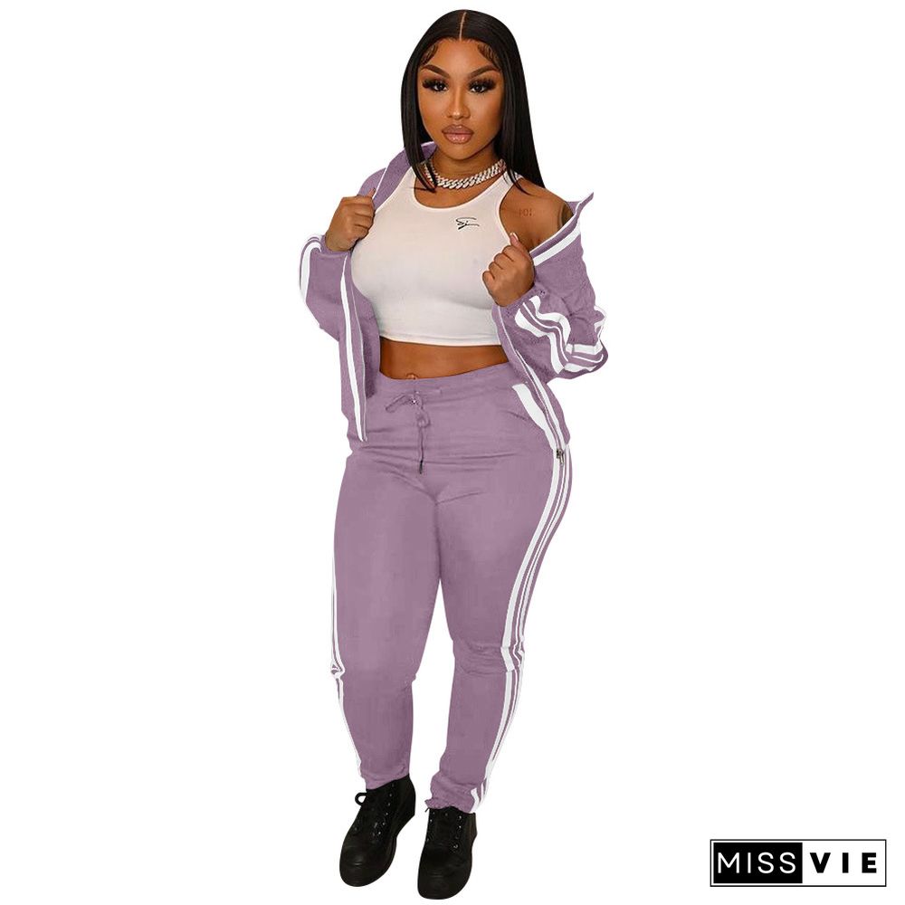 Side Striped Zip Sporty Jacket Two Piece Pants Set