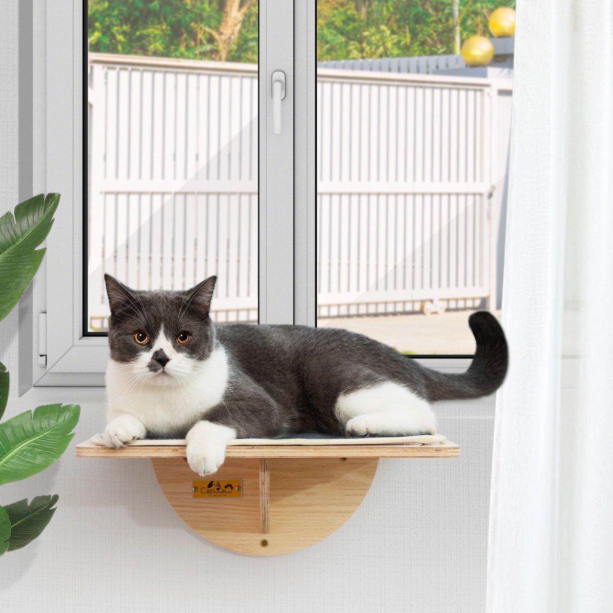 Coziwow Kitty Window Perch w/Seat Cushion Cat Bed， Natural Wood