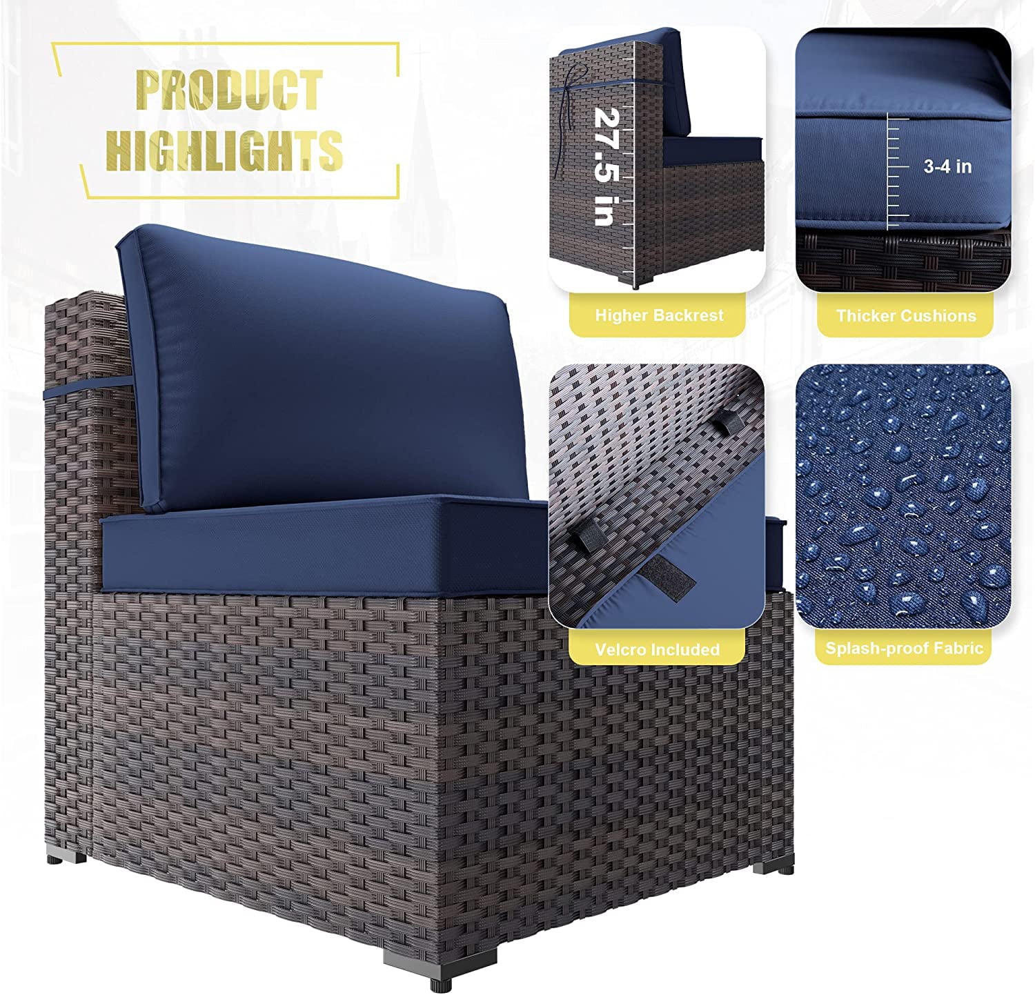 Gotland Outdoor Patio Furniture Set 14 Pieces Sectional Rattan Sofa Set PE Rattan Wicker Patio Conversation Set with Seat Cushions and Tempered Glass Table,navy blue