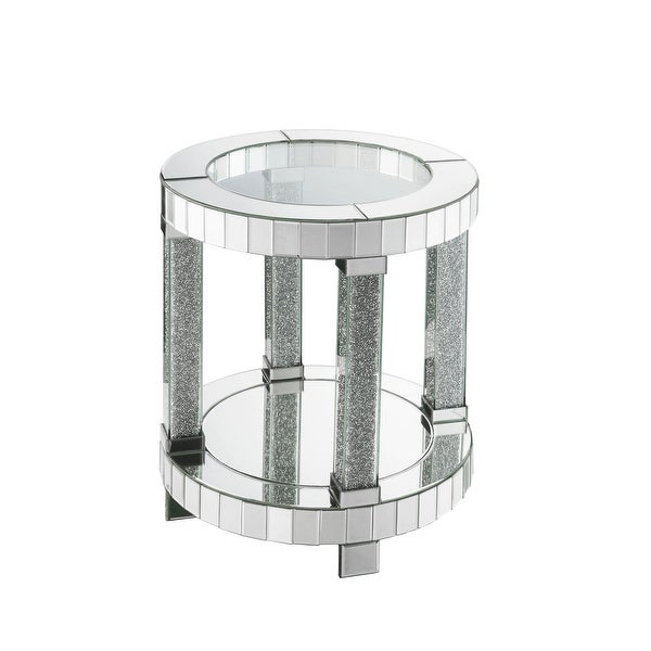 Round Mirrored Frame End Table with Faux Diamond and Bottom Shelf， Silver