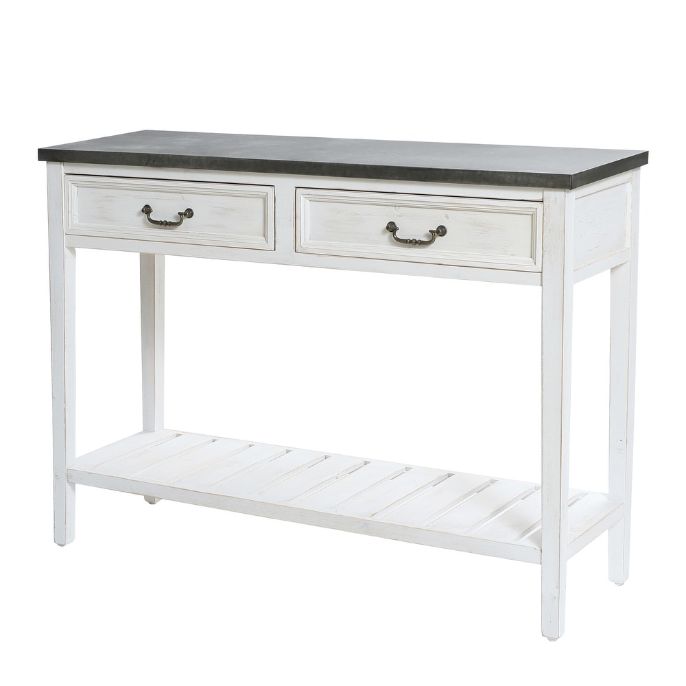 Farmhouse Distressed White Wood and Galvanize Top Console Table   31.5\