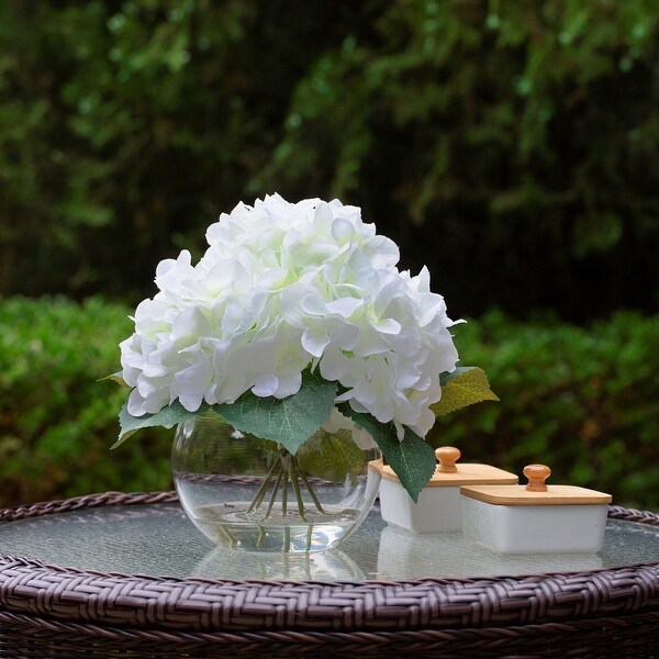 Hydrangea Artificial Flowers in Round Glass Vase with Faux Water，Silk Flower Arrangements in Vase for Home Decor，Wedding Table