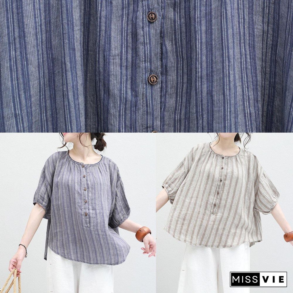 Organic blue striped linen box top o neck half sleeve oversized summer blouse