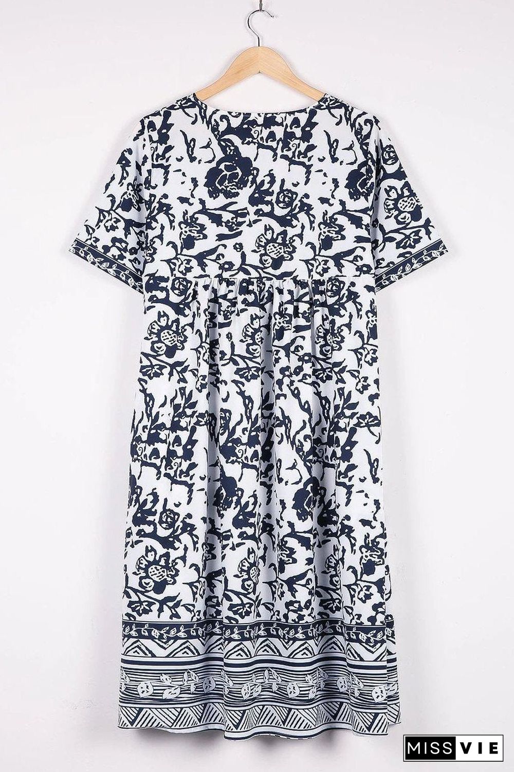 Vintage Printed Midi V-Neck Dress