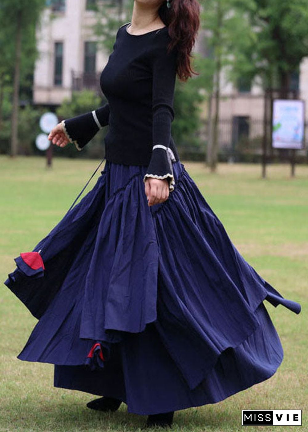 Navy Patchwork Cotton Skirts Ruffled Spring