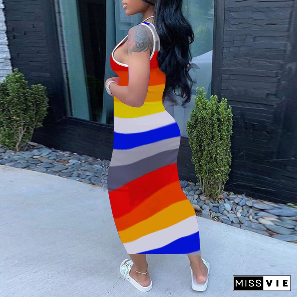 Summer Contrast Color Striped Sleeveless Bodycon Long Dress