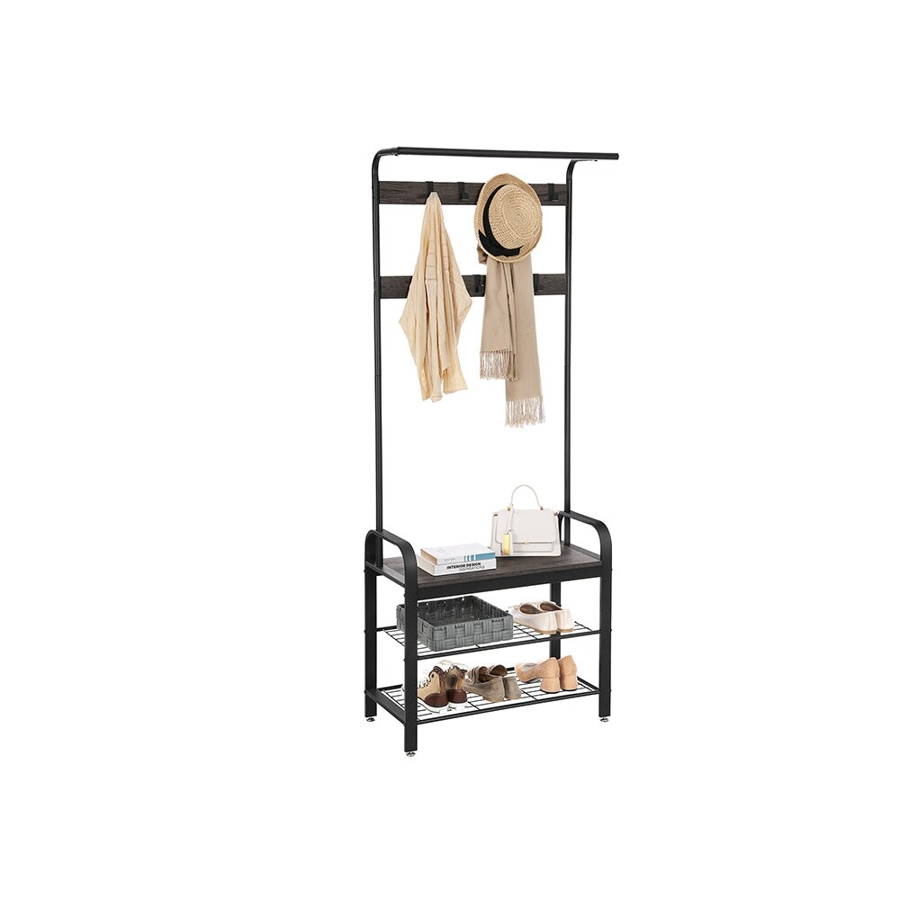 VASAGLE Industrial Coat Rack  Hall Tree with Shoe Bench for Entryway  3 in 1 Design  Rustic Brown and Black