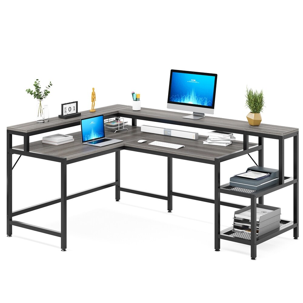 Reversible L Shaped Desk with Monitor Shoelf  Large Computer Desk for Office Home