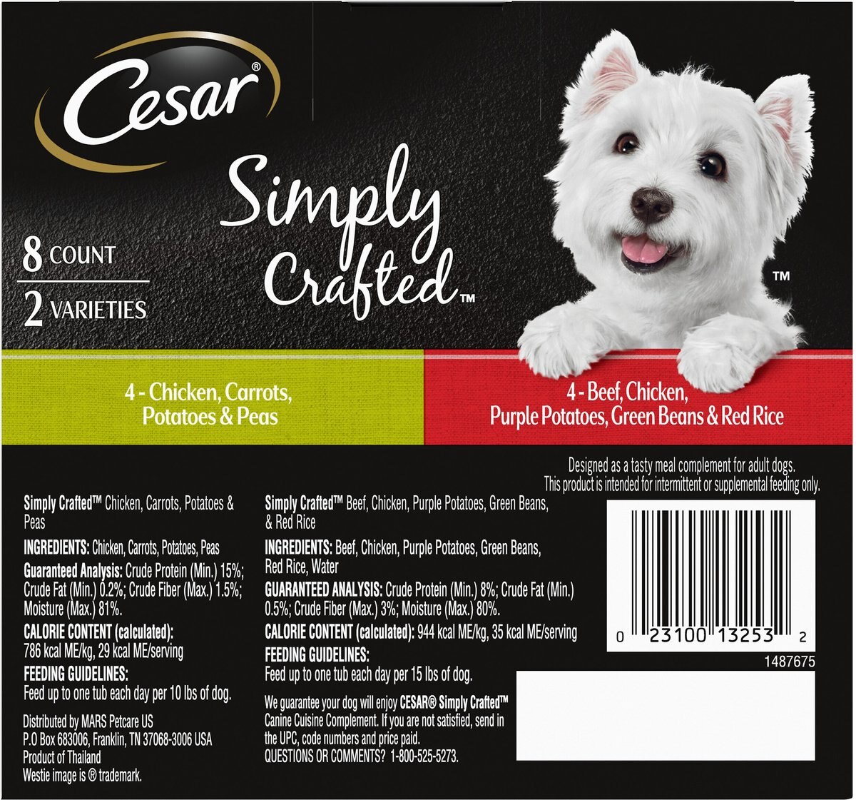 Cesar Simply Crafted Variety Pack Chicken， Carrots， Potatoes and Peas， and Beef， Chicken， Purple Potatoes， Green Beans and Red Rice Wet Dog Food Topper