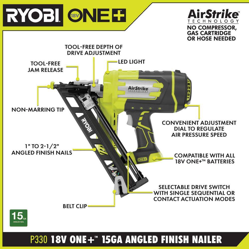 RYOBI ONE+ 18V Cordless AirStrike 15-Gauge Angled Finish Nailer with Cordless Multi-Tool (Tools Only) P330-PCL430B