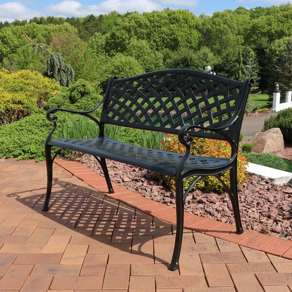 Sunnydaze 2Person Black Checkered Cast Aluminum Outdoor Patio Garden Bench