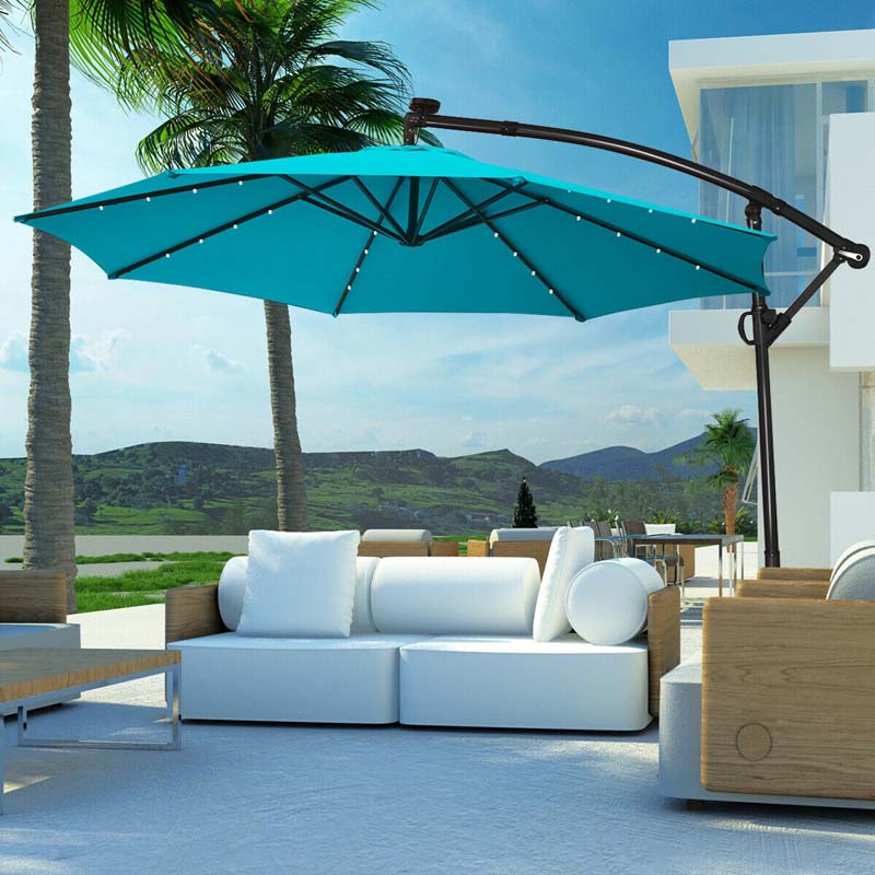 10 FT Patio Offset Umbrella with Solar Lights 360° Rotation Outdoor Market Umbrella with Crank Handle & Cross Base