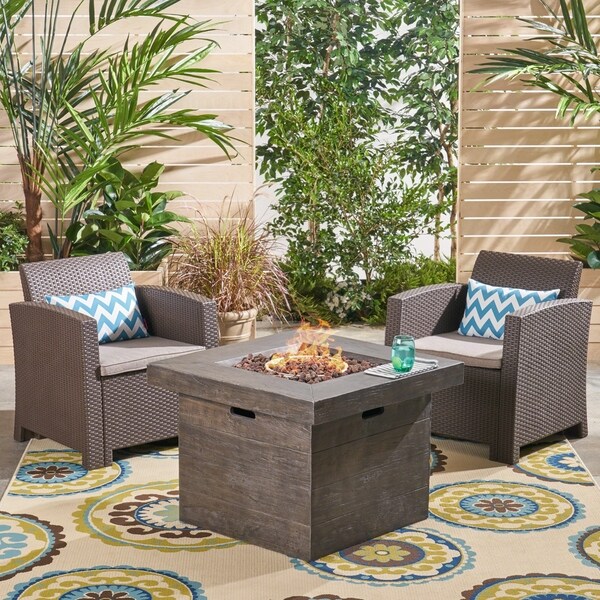 Bedrock Outdoor 2Seater Wicker Print Club Chair Chat Set with Fire Pit by Christopher Knight Home