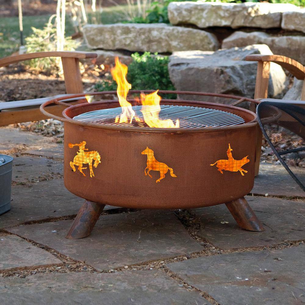 Western 29 in. x 18 in. Round Steel Wood Burning Fire Pit in Rust with Grill Poker Spark Screen and Cover F104