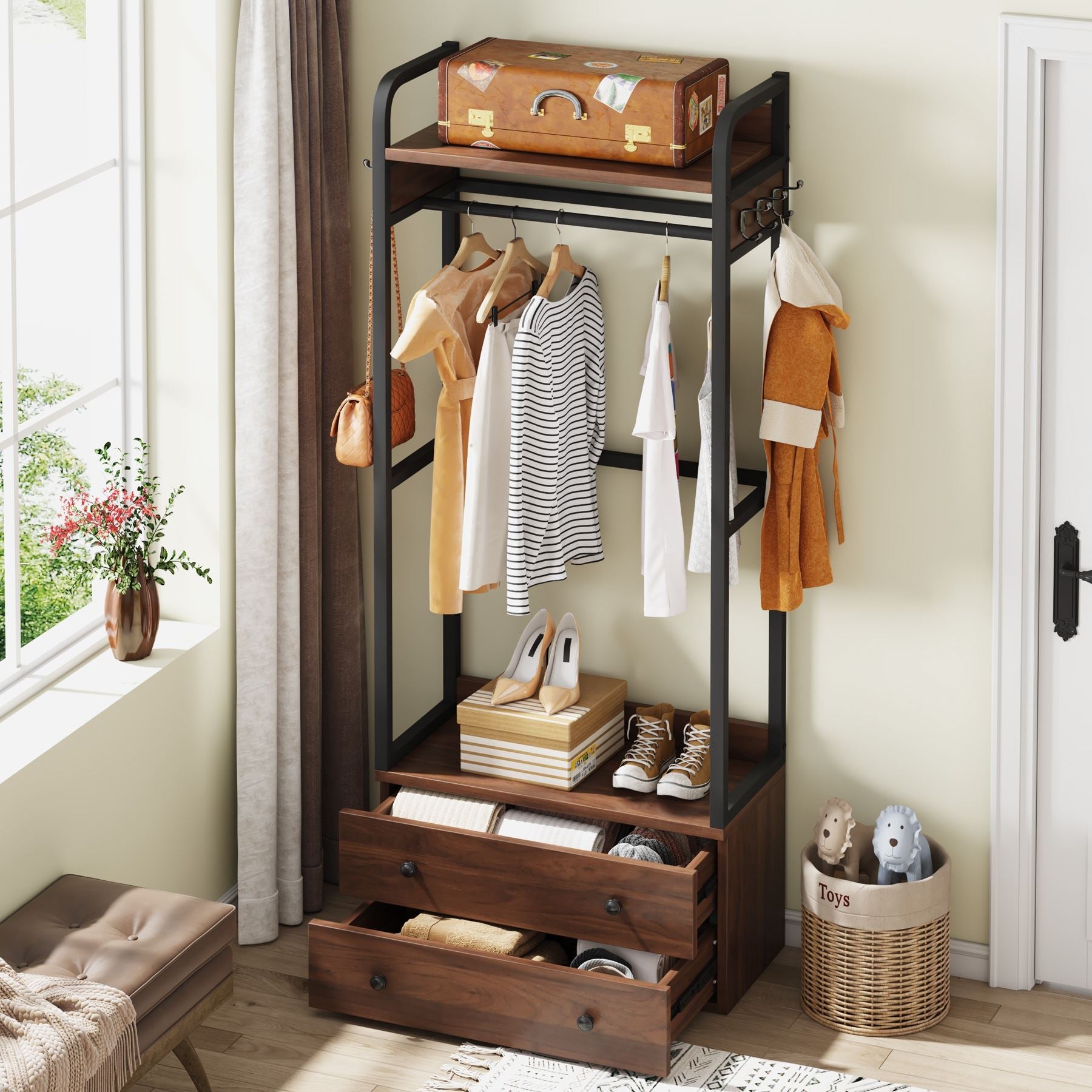 Freestanding Closet Organizer, Coat Rack with Drawers and Shelves