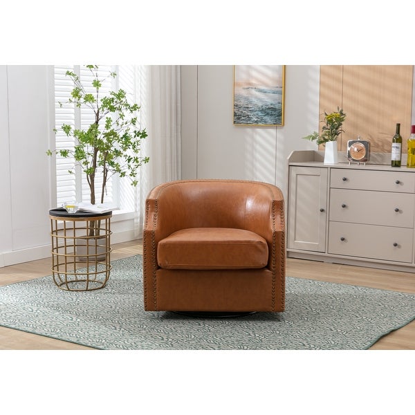 Living Room Accent Chairs Swivel Chair Modern Small Club Arm Chairs Lounge Chairs with Nailheads Barrel Chair， Light Brown