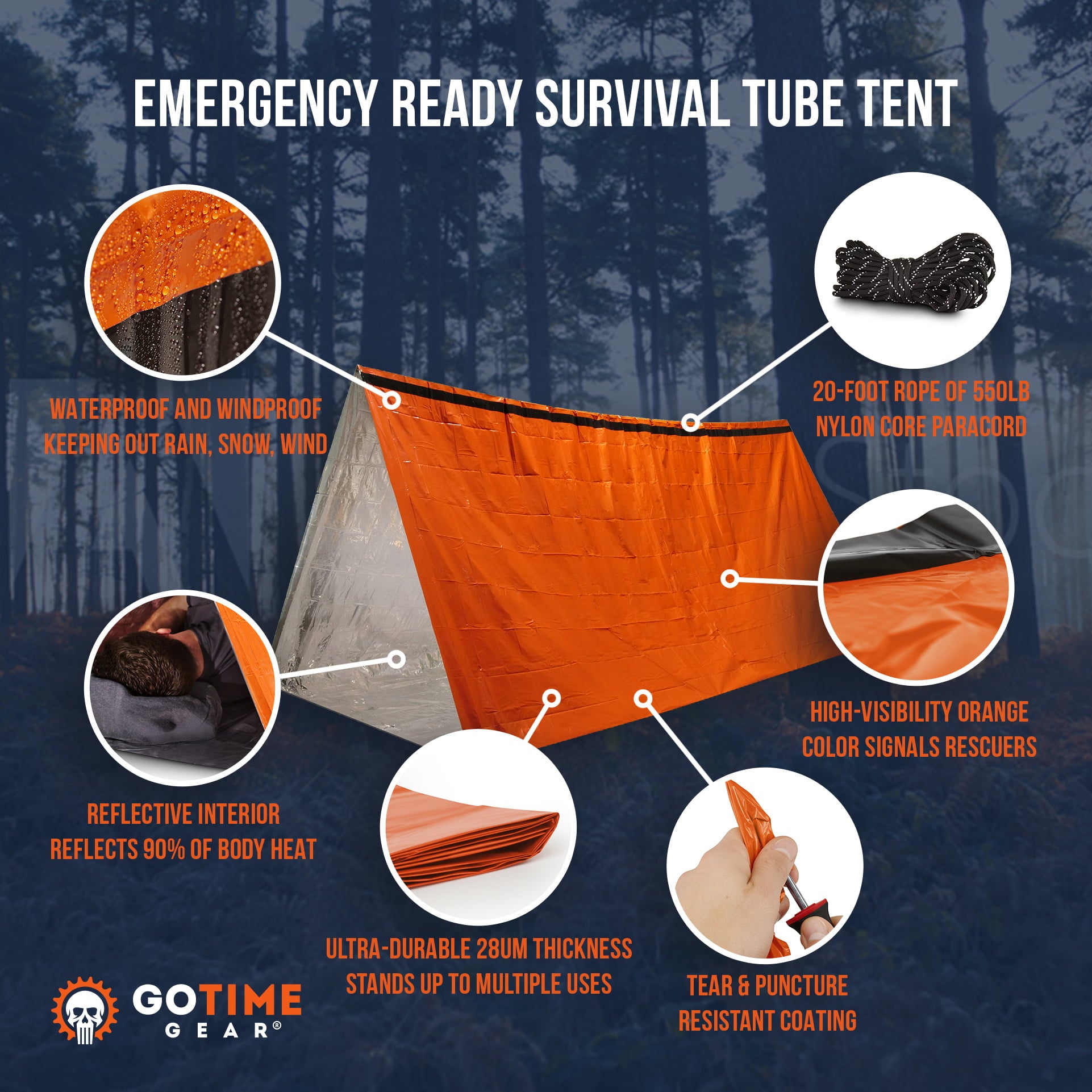 Go Time Gear | Life Tent Emergency Survival Shelter - 2 Person Tube Tent | Waterproof， Windproof， Thermal | Includes Survival Whistle， Paracord Rope and Portable， Lightweight Nylon Stuff Sack | Orange