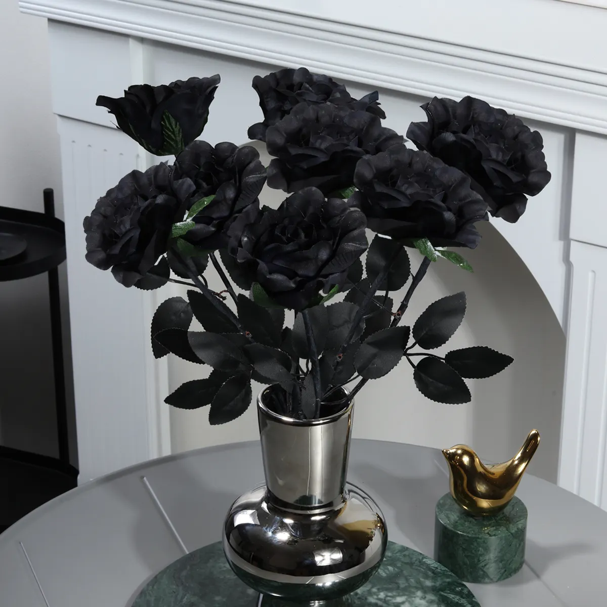 YW0307 10 Garden Supplies Faked Long Stem Silk Floral Bouquet Artificial Black Flower Rose for Home Halloween Gothic Goth Decor