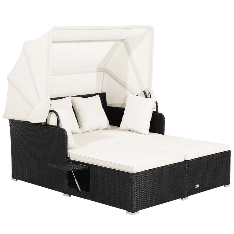 Hand-Woven Rattan Patio Daybed with Retractable Canopy & Side Tables, Outdoor Double Conversation Sunbed