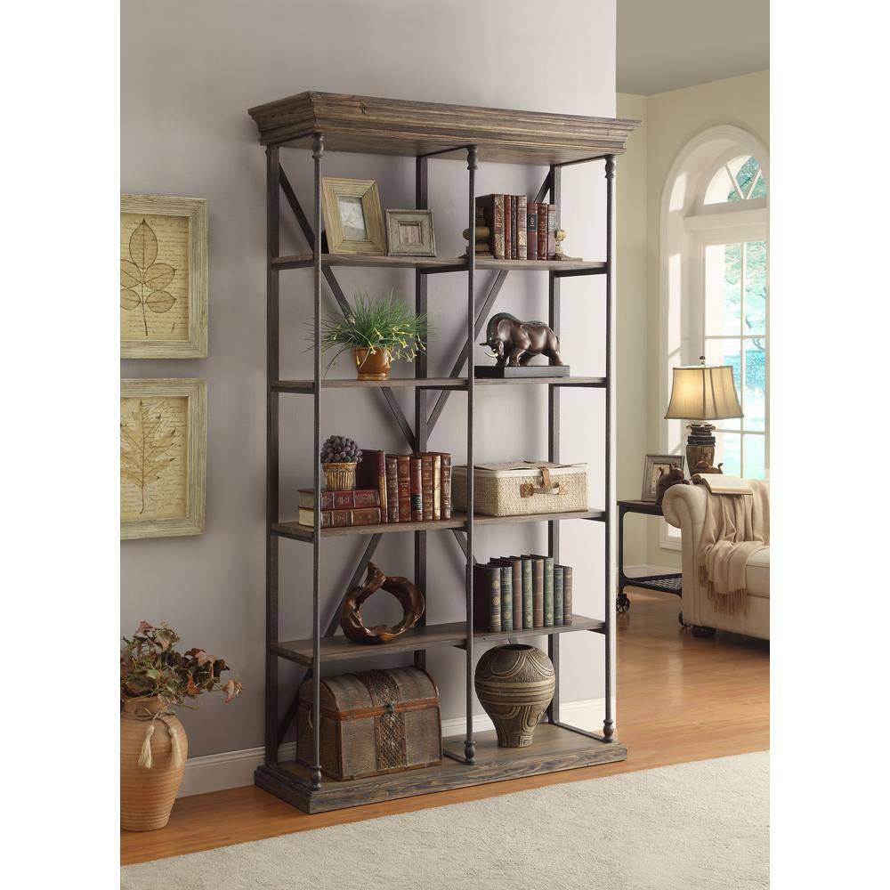 Coast To Coast Accents Corbin 86.50 in. Brown Wood and Steel 5-Shelf Double Bookcase 61625