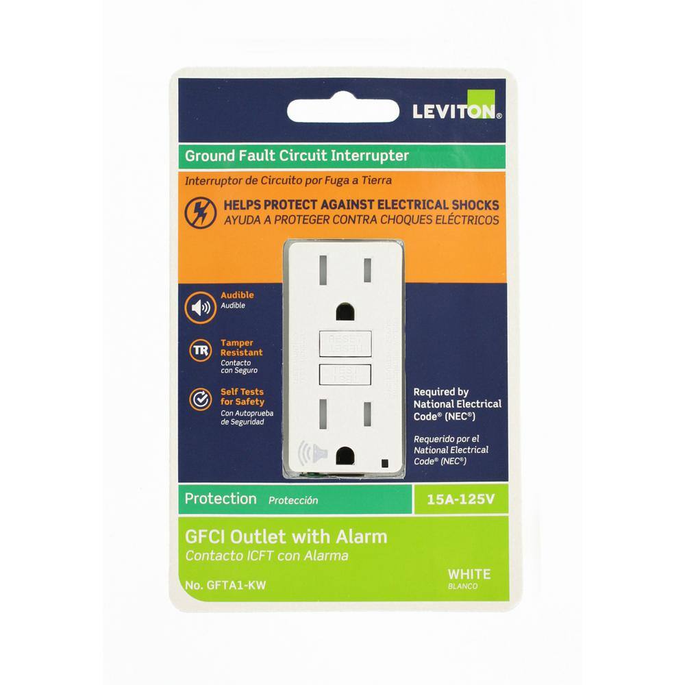 Leviton SmartlockPro 15 Amp 125-Volt Self-Test Tamper-Resistant GFCI Outlet with Audible Trip Alert White R92-GFTA1-0KW